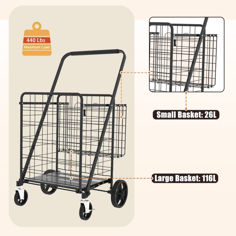 Foldable Grocery Shopping Cart w/ Brake & Double Basket and 360 Rolling Swivel Wheels