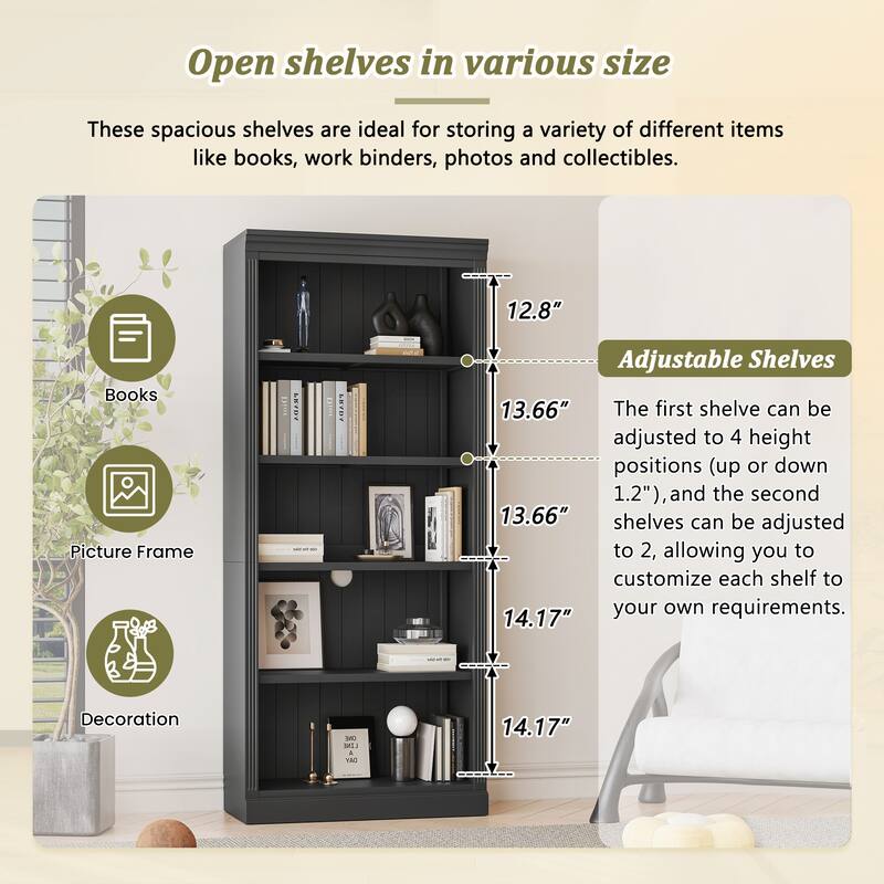 83" Tall 5-Tier Wood Bookcase Classic Solid Color Bookshelf with Adjustable Shelves, LED Light Bar, Open Display Storage Cabinet