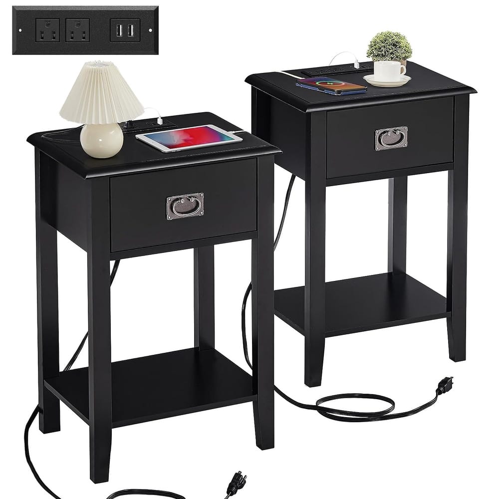 Javlergo Set of 2 Wooden Nightstand with Charging Station, Side End Table with USB Drawer and Open Storage Shelf