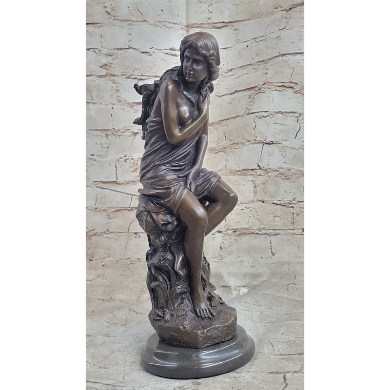 Signed French Roche Fair Maiden Bronze Sculpture Art Deco Marble Base Figurine