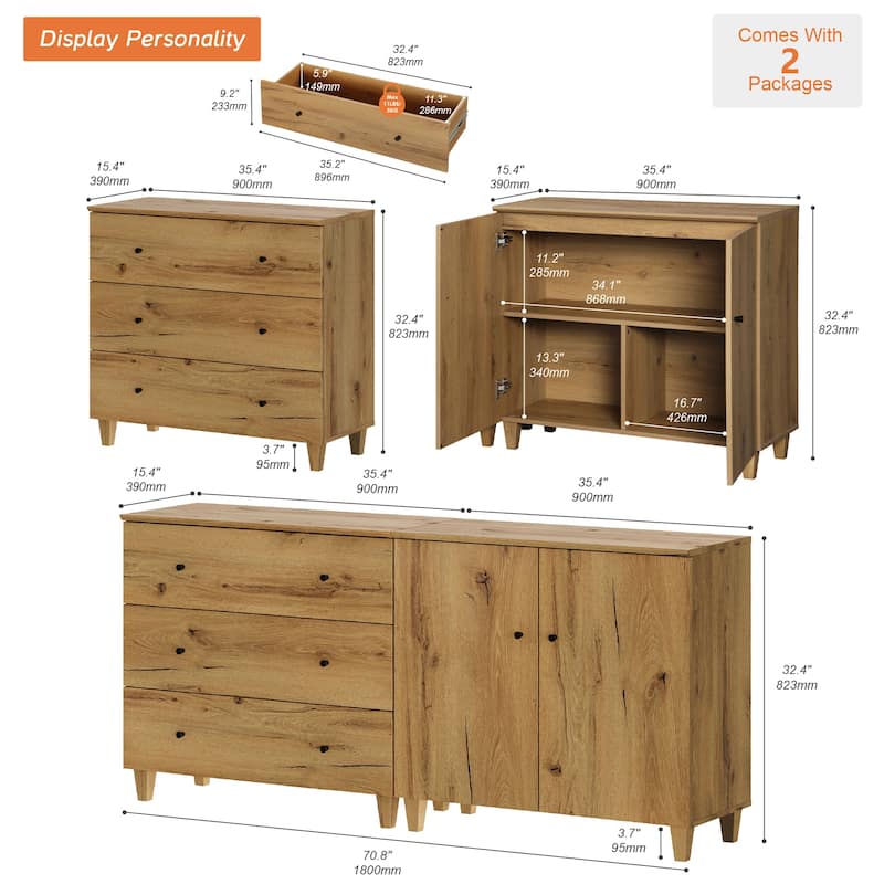 Wood Dresser with 3 Drawers and 1 Cabinet for Bedroom, 71" Wide