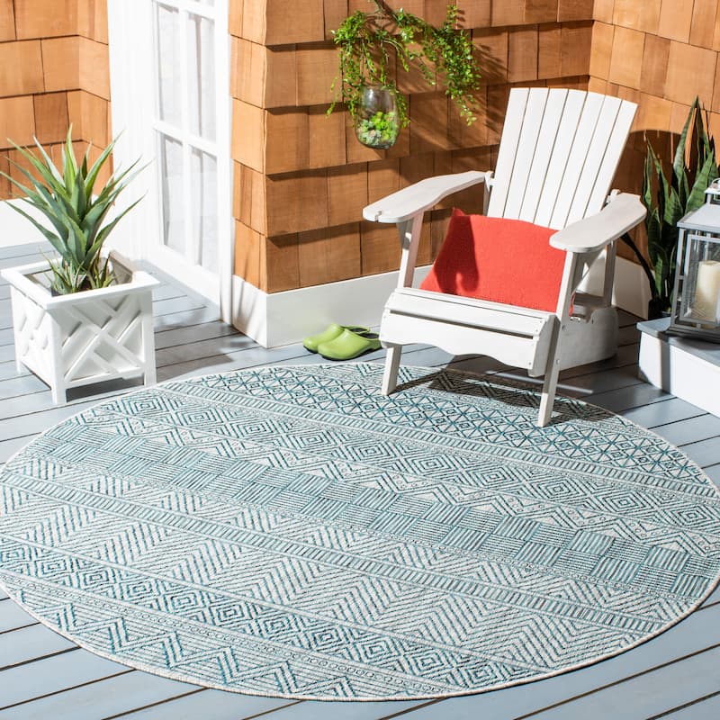 SAFAVIEH Courtyard Zorana Indoor/ Outdoor Waterproof Patio Backyard Rug - 6'7" x 6'7" Round - Grey/Teal