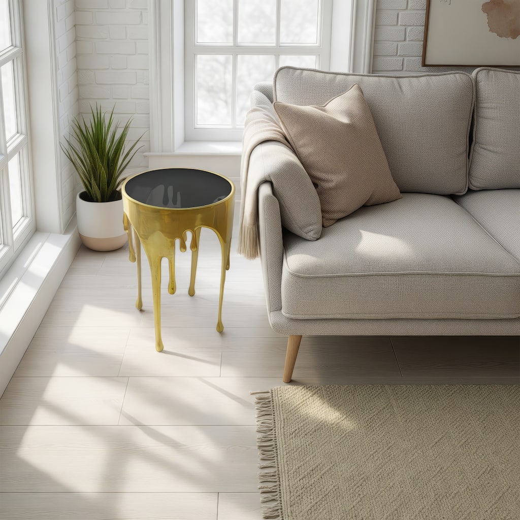 Capri Side End Table, 24.75 Inch Round Glass Top, Melting Drip Design, Antique Gold