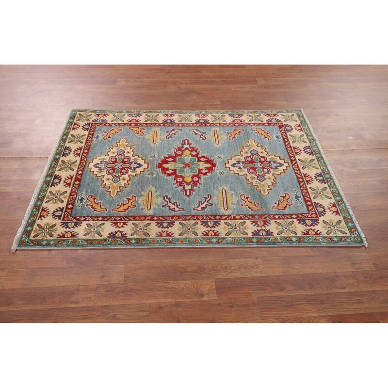 Light Blue Geometric Kazak Accent Rug Handmade Wool Carpet - 3'4" x 4'9"