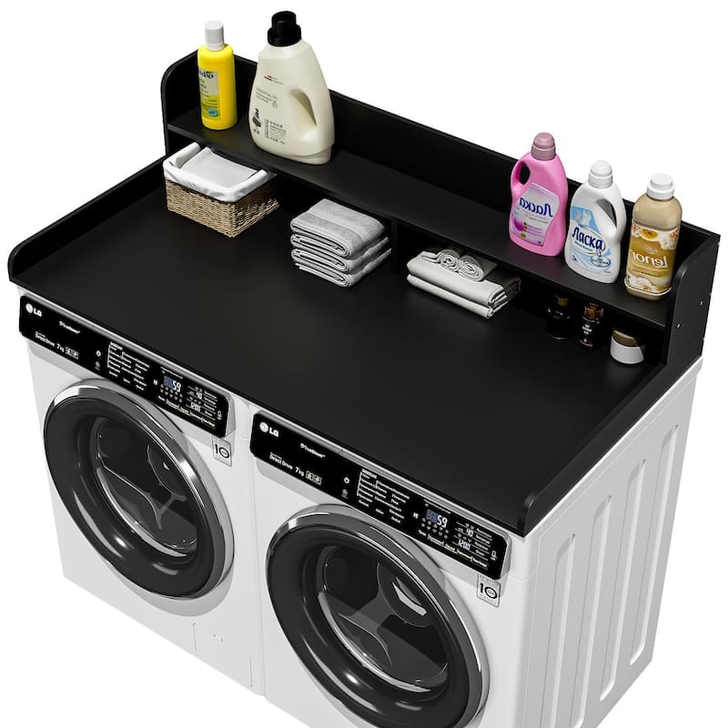 BOSSIN Laundry Pedestal Utility Table with 2-Tier Shelf, Storage Organizer for Washer and Dryer - Black