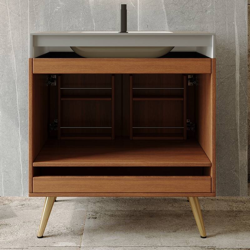Mid-Century 30" Freestanding Bathroom Vanity with Faux Marble Top, Ceramic Sink & Gold Legs Cabinet