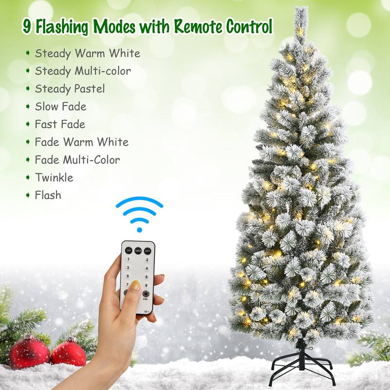 Gymax 5/6/7.5/8 ft Pre-lit Snow Flocked Artificial Christmas Tree w/