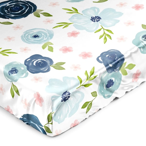 slide 2 of 6, Sweet Jojo Designs Blush Pink Blue Boho Floral Girl Satin Fitted Crib Sheet Navy Grey Bohemian Farmhouse Shabby Chic Watercolor