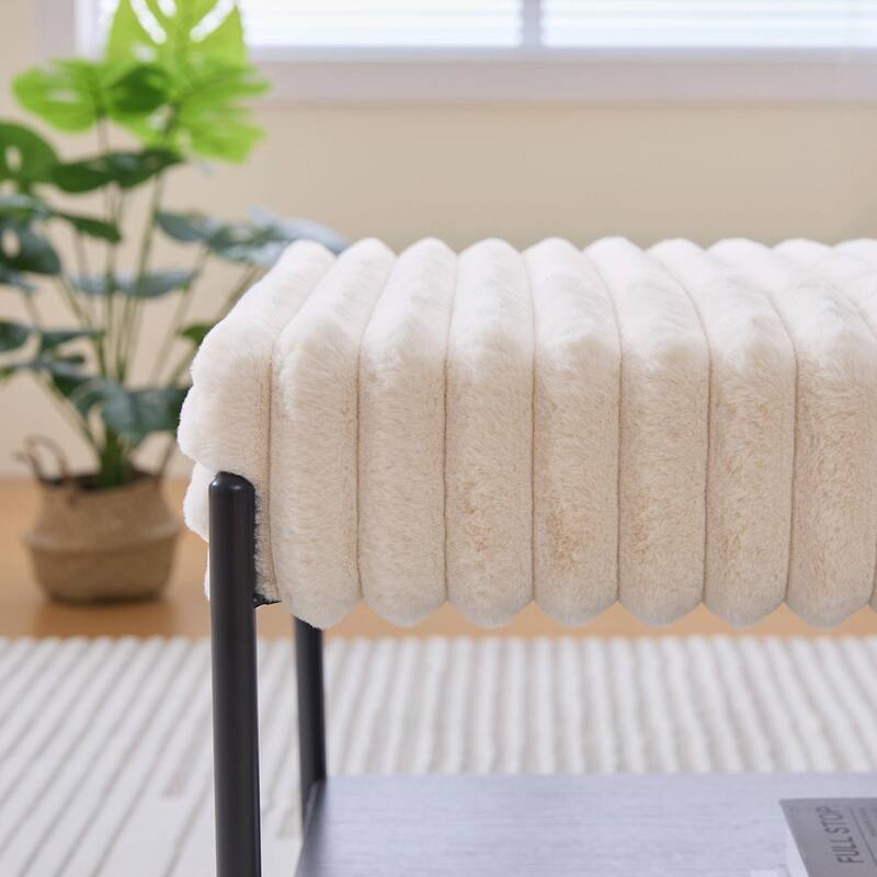​Upholstered Storage Ottoman - Open Shelf & Faux Fur Top