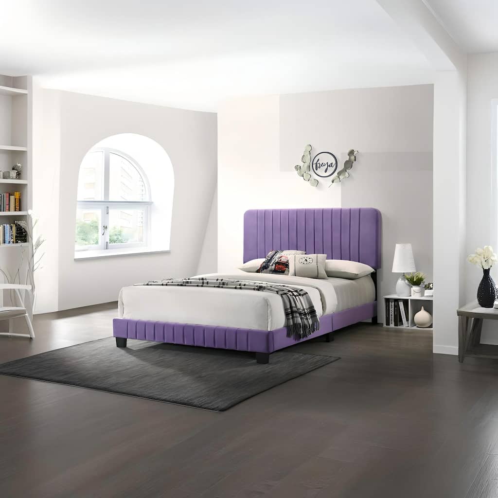 Vibrant Purple Contemporary Queen Bed with Velvet Fabric
