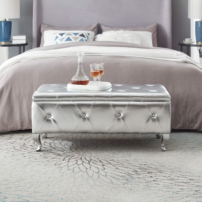 Silver Faux Leather Upholstered Storage Ottoman Bench with Crystal Buttons - Silver - Large