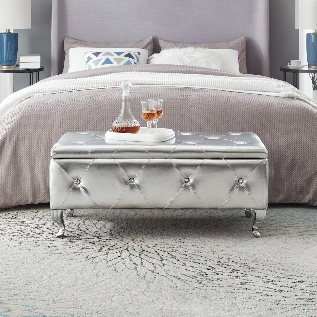 Silver Faux Leather Upholstered Storage Ottoman Bench with Crystal Buttons