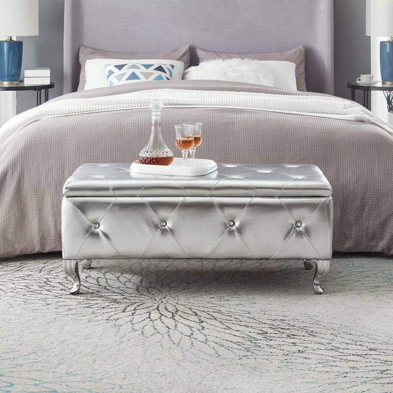 Upholstered Storage Ottoman Bench For Bedroom End Of Bed Faux Leather Rectangular Storage Benches Footrest