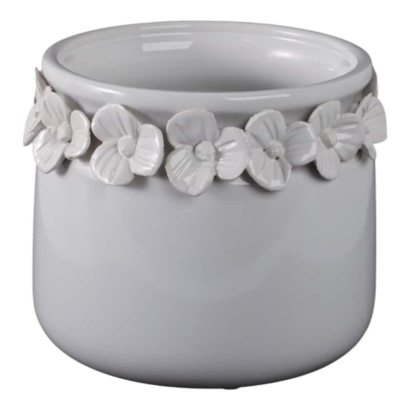 Ceramic Round Planter Sculpted Floral Rim Detail and Drainage Hole - White - 6" x 6" x 5"