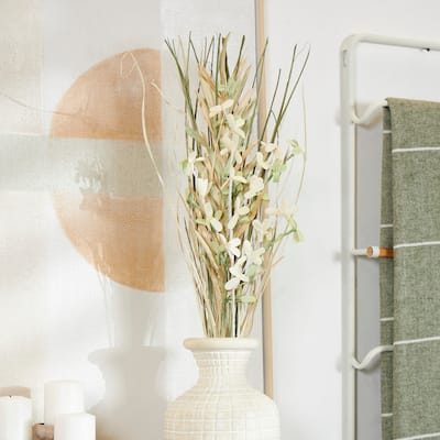 Beige Dried Plant Handmade Tall Floral Grass Bouquet Palm Leaf Natural Foliage with Green Accents