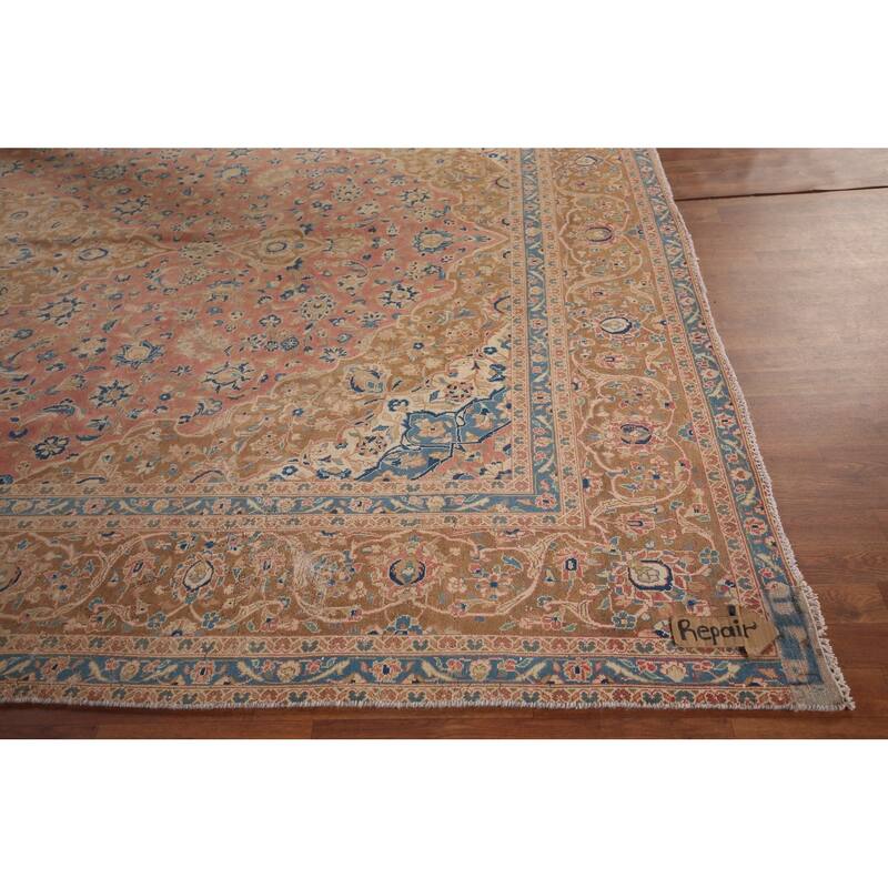 Traditional Kashan Persian Large Vintage Rug Hand-Knotted Wool Carpet - 9'6"x 14'10"