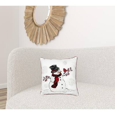 HomeRoots 18" X 18" White and Red Christmas Snowman Polyester Zippered Pillow With Embroidery