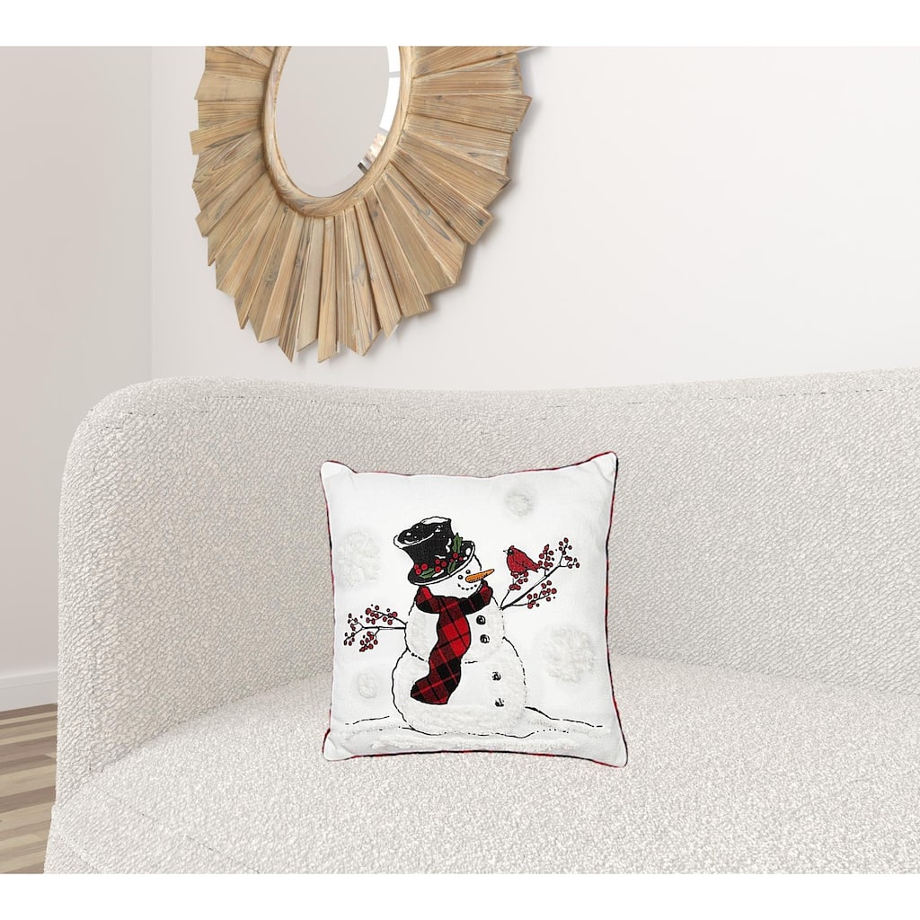 HomeRoots 18" X 18" White and Red Christmas Snowman Polyester Zippered Pillow With Embroidery