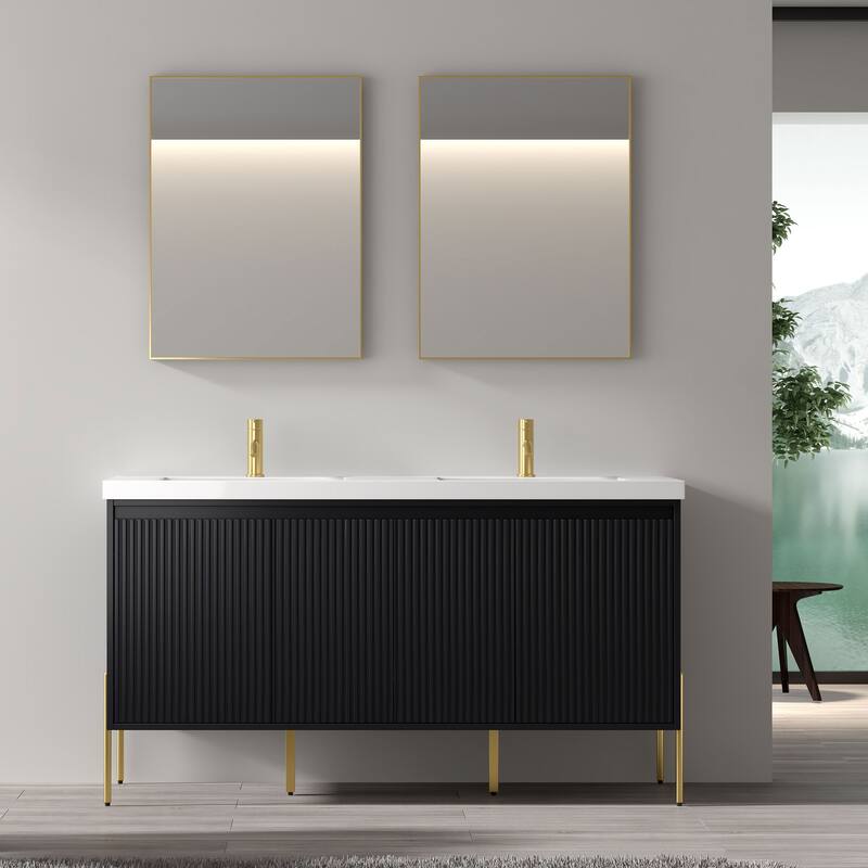 Ripple 60" Bathroom Vanity Set - Black - Double White Sink