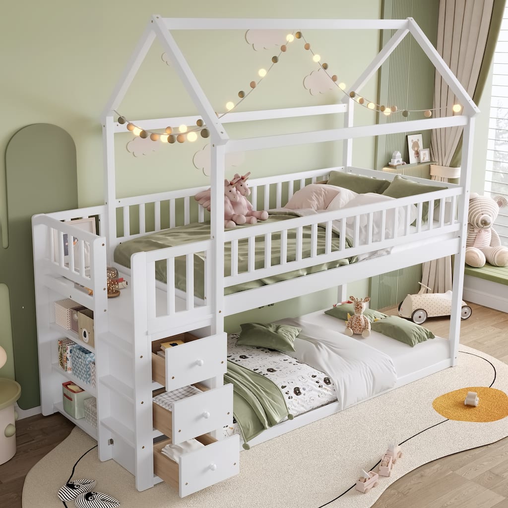 White Twin House Bunk Bed with Shelves, Drawers & Playhouse Roof Design