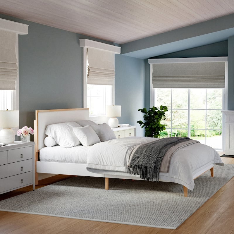Martha Stewart Wooden Platform Bed with Upholstered Base and Triple Inset Headboard - Queen