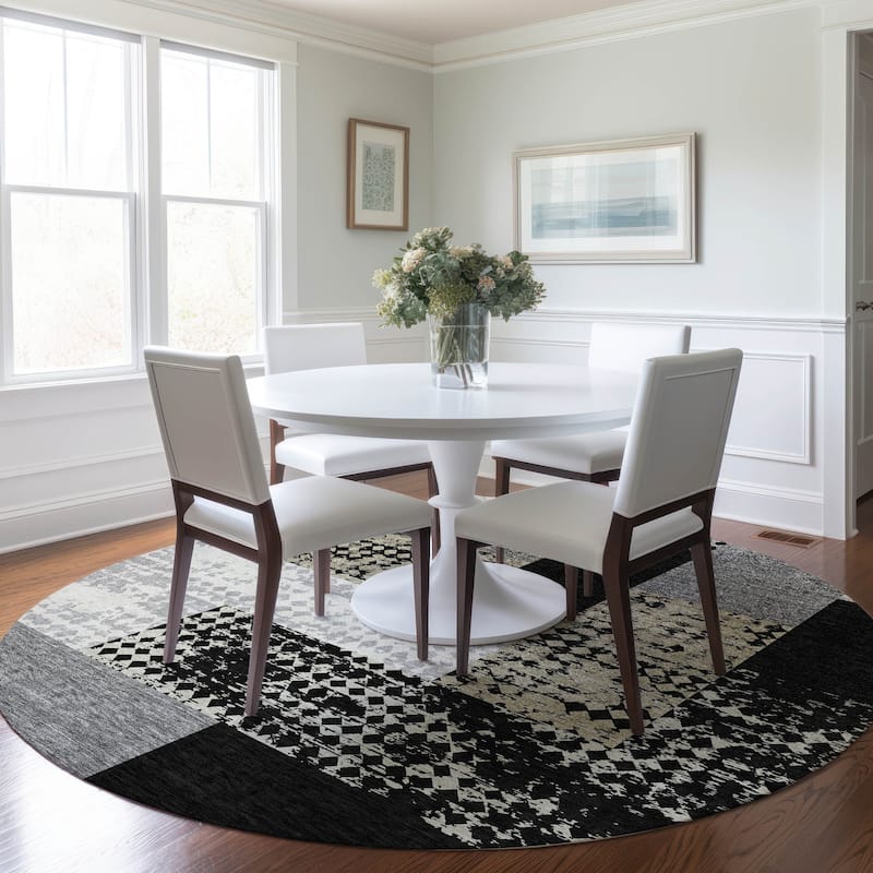 Machine Washable Indoor/ Outdoor Modern Blocks Chantille Rug