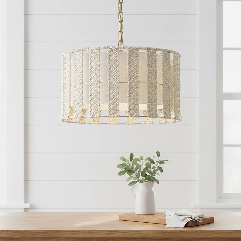 Roka 3-Light Rattan Rope Drum Pendant, Coastal Boho - Handwoven - 18" Wide