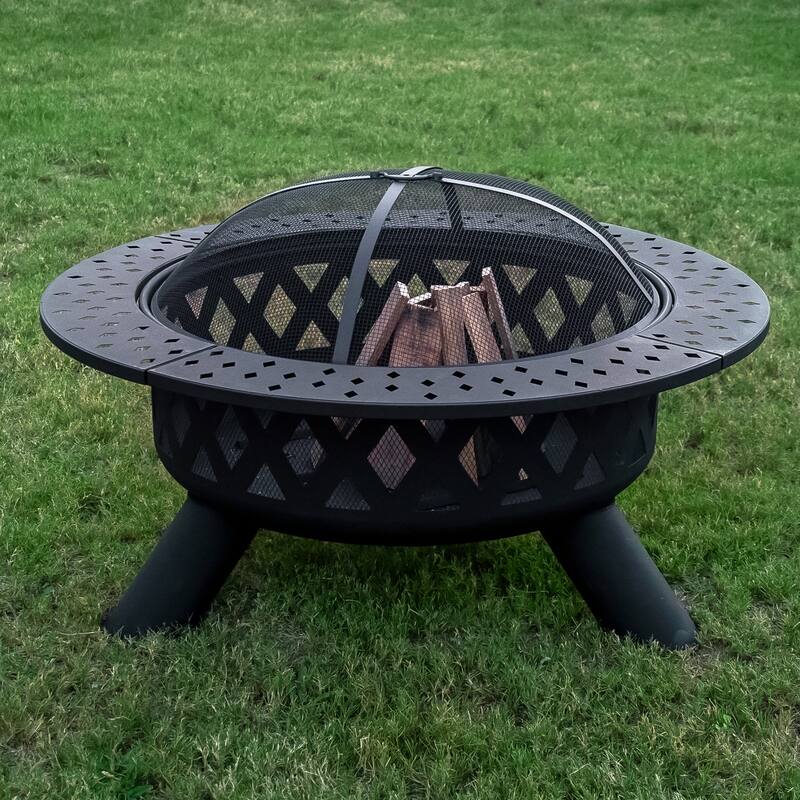 Black Cross Weave Large Round Steel Wood Burning Fire Pit with Spark Screen