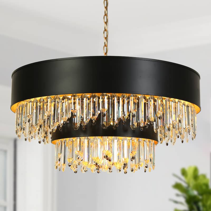 Modern Black Gold 18-Light 2-Tier Drum Crystal Chandelier for Dining Living Room Hallway - 31.5" Dia. x 18.3" H