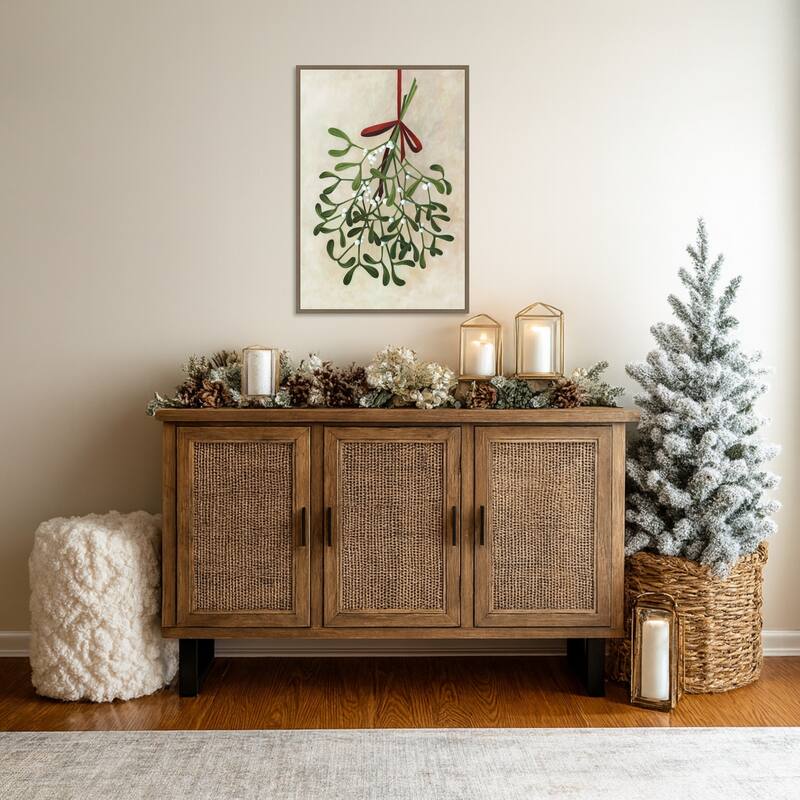 Mistletoe bouquet with bow by Rosana Laiz Blursbyai (23 x 33 in.), Framed Canvas Wall Art Print - Sylvie Dark Gold