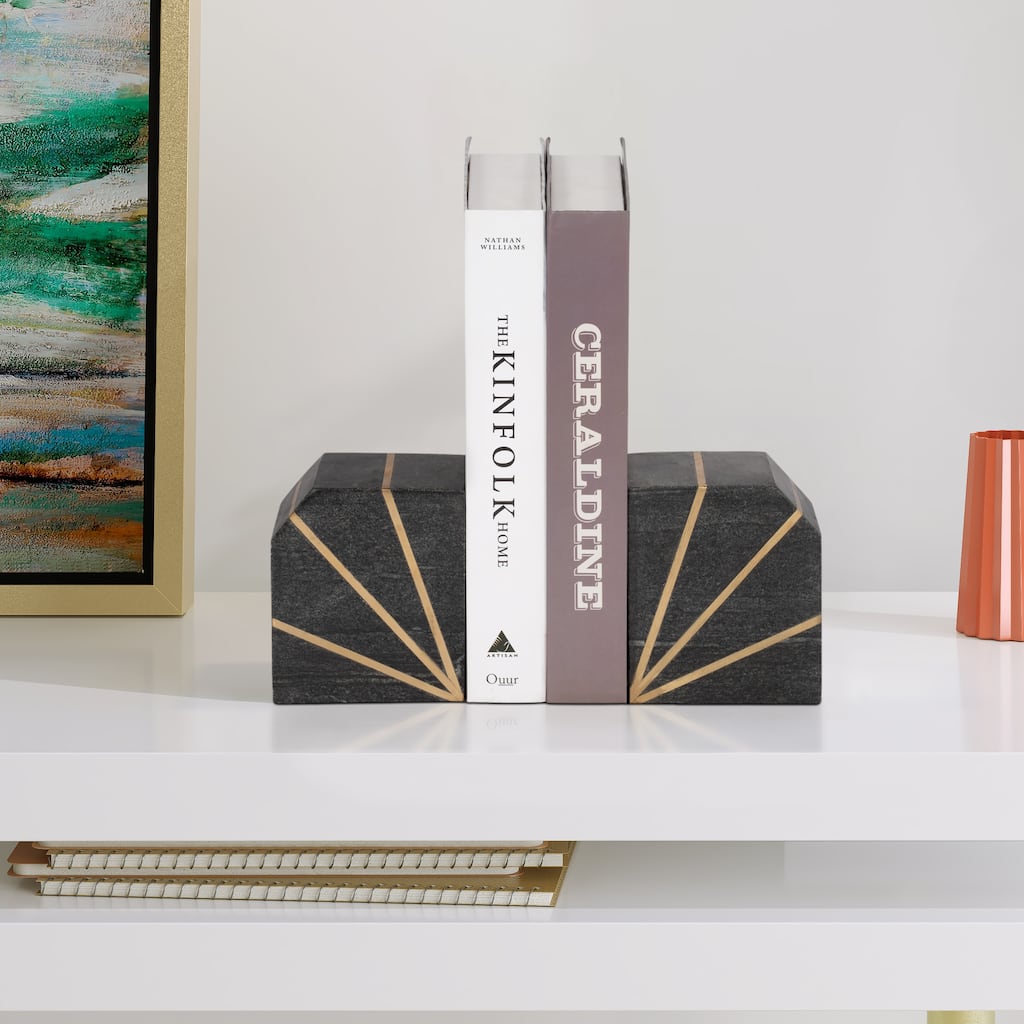 Set of 2 Marble Bookends - Contemporary White and Gold Polished Decorative Bookends - Book Display for Home or Office