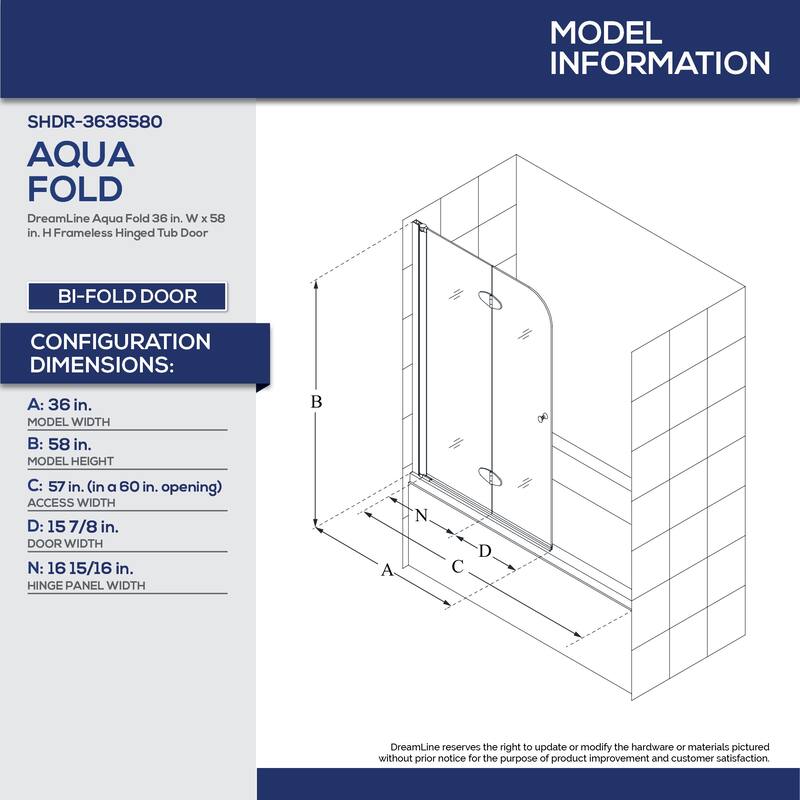 DreamLine Aqua Fold 36 in. W x 58 in. H Frameless Bi-Fold Tub Door - 36" W