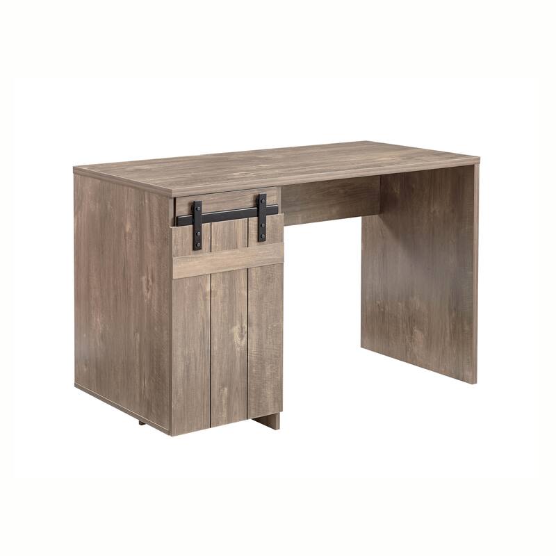 Home Office Desk Hazelnut One Cabinet Three Shelves Faux Barn Door on Metal Euro Hinges Modesty Panel