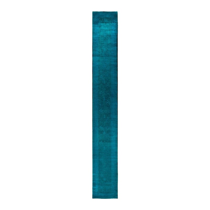 Overton Hand Knotted Wool Vintage Inspired Modern Contemporary Overdyed Blue Runner Rug - 2' 7" x 19' 5"