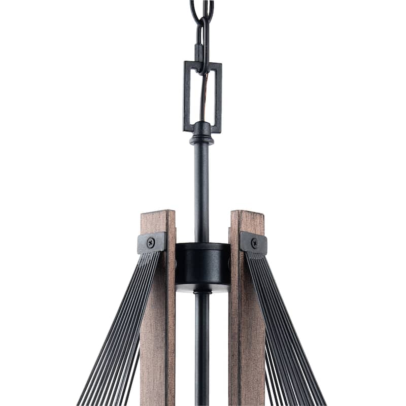 4-Light Black Metal and Wood Pendant Light - 18"D x 18"W x 96"H