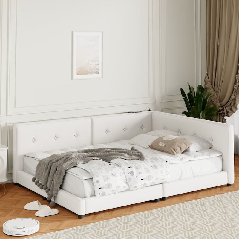 Queen Size Upholstered Platform Bed with USB Ports in Beige Linen Fabric