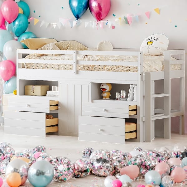slide 2 of 9, Twin Size Loft Bed With 4 Drawers,Underneath Cabinet and Shelves for Home White