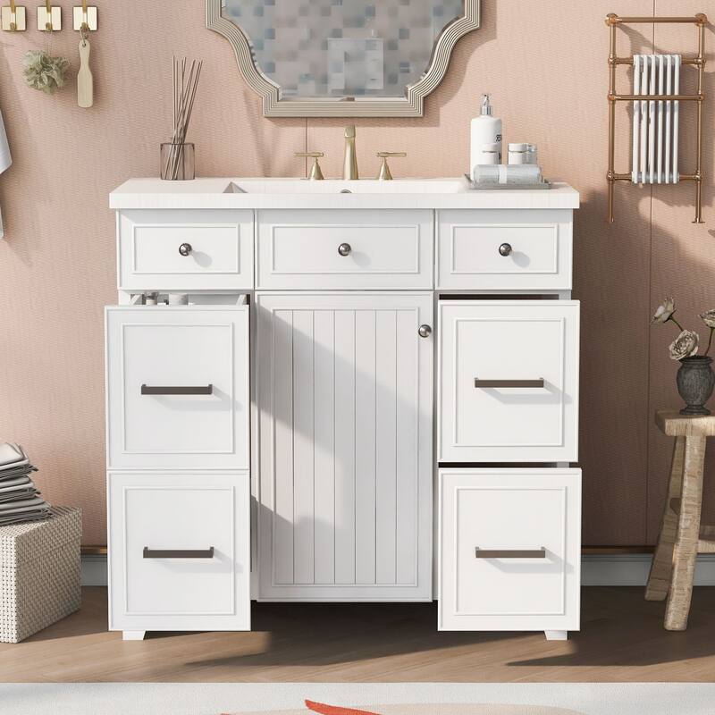 Modern 36-Inch Free-Standing Vanity with Single Sink, Storage Drawers & Adjustable Shelf