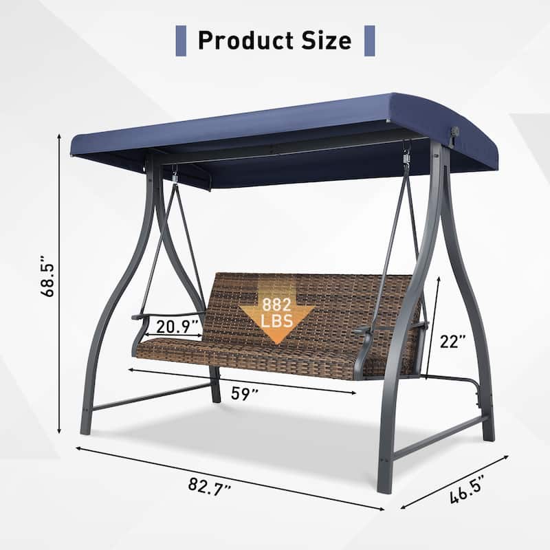Aoodor 3-Seat Outdoor Rattan Patio Swing with Adjustable Canopy - Stylish Comfort for Your Porch, Garden, and Yard