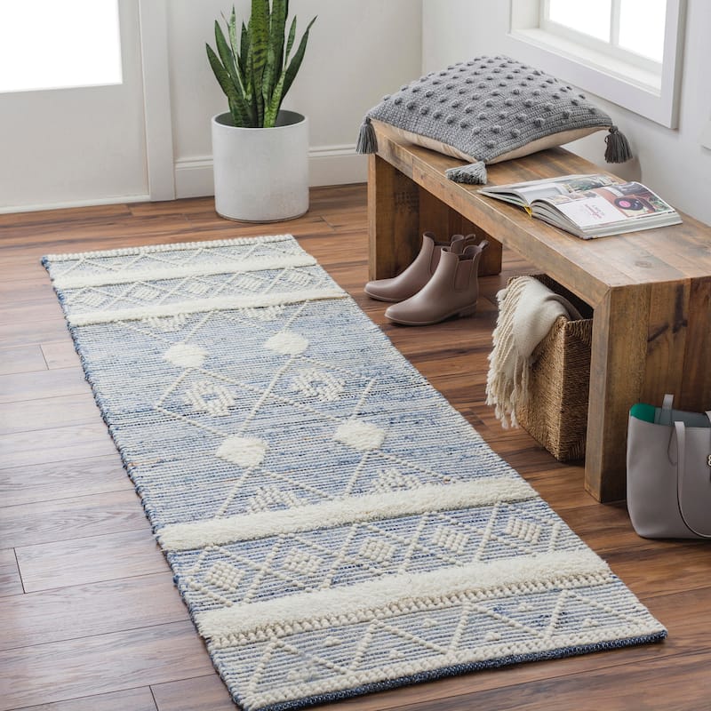 Pippa Handmade Farmhouse Cotton & Wool Area Rug - 2' 6" x 8' - Denim/Cream