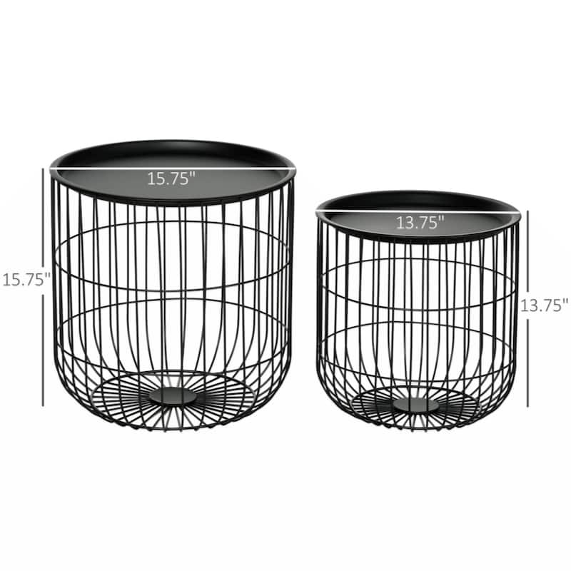 Round Coffee Table Set of 2 with Steel Wired Basket Body and Removable Top, Black