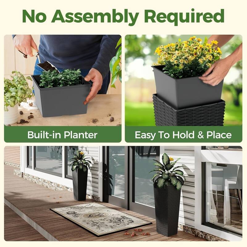 2 Pack 32-in Tall Rattan-Style Planters with Removable Liners and Drainage Hole with Belt Tray Black
