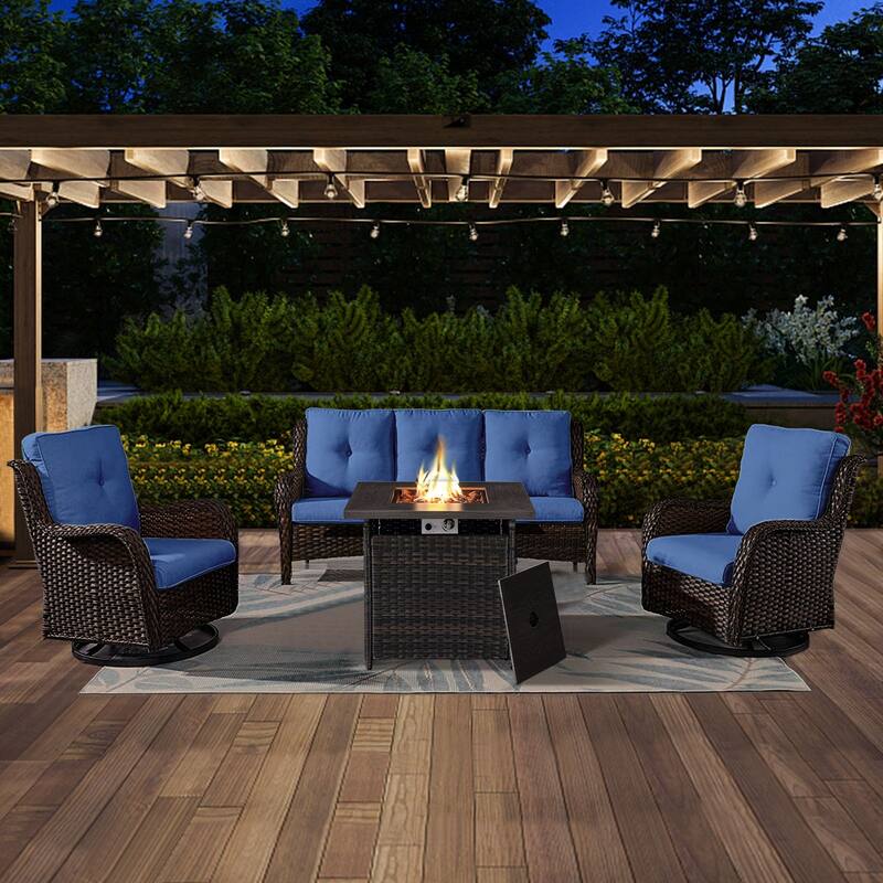 Gymojoy 4-Piece Outdoor Wicker Patio Furniture with Fire Pit Table, Rattan Coversation Set with Water Resistant Thick Cushions - Brown Wicker / Blue Cusion - 4-Piece
