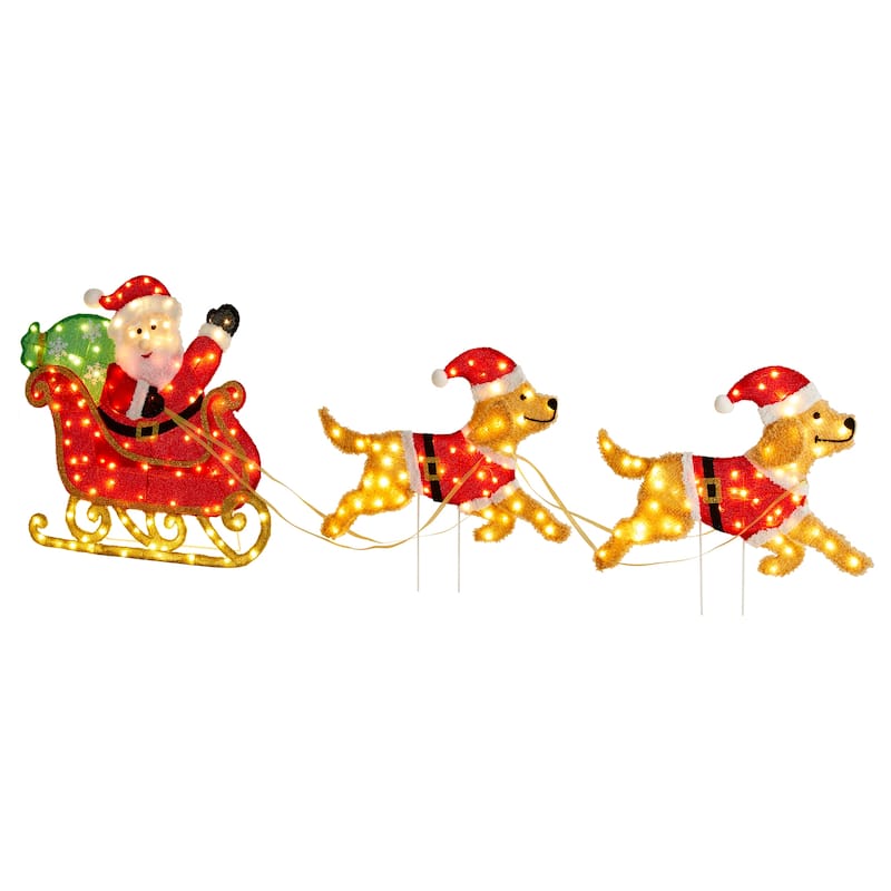 Glitzhome 90.5"L Christmas Fabric Dog with Santa Sleigh Lighted Decor - Dog with Santa Sleigh