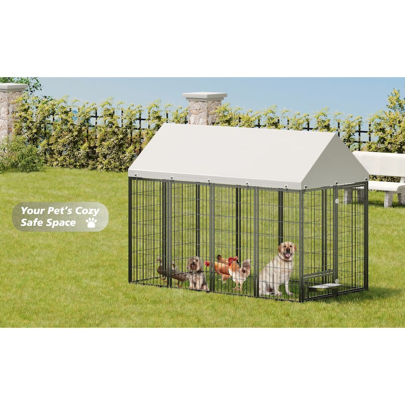 GDF Studio - Rockwell Large Outdoor Dog Kennel with Roof Cover & Feeding System
