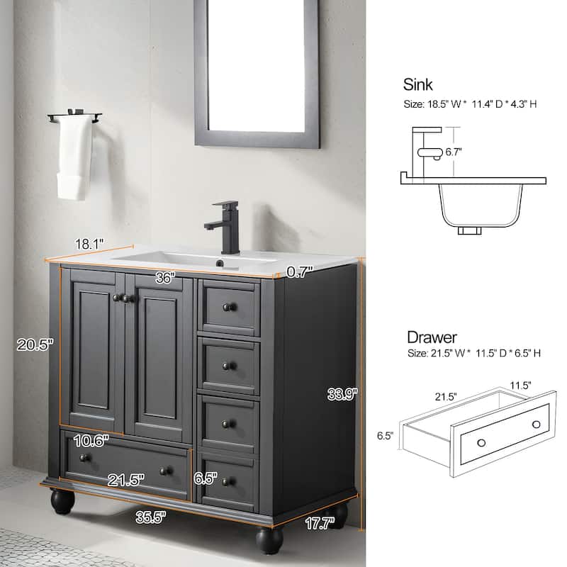 Retro Bathroom Vanity Cabinet Solid Wood Classic with Ceramic Sink