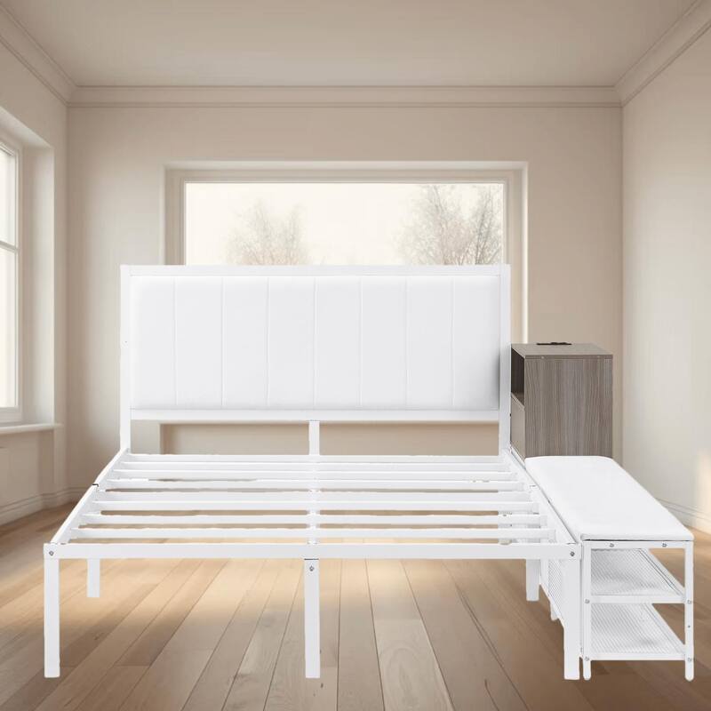 Full Size Metal Platform Bed Frame with Two-Tier Storage Shelves and Wooden Cabinet, Sturdy and Functional Bedroom Furniture - White - Full