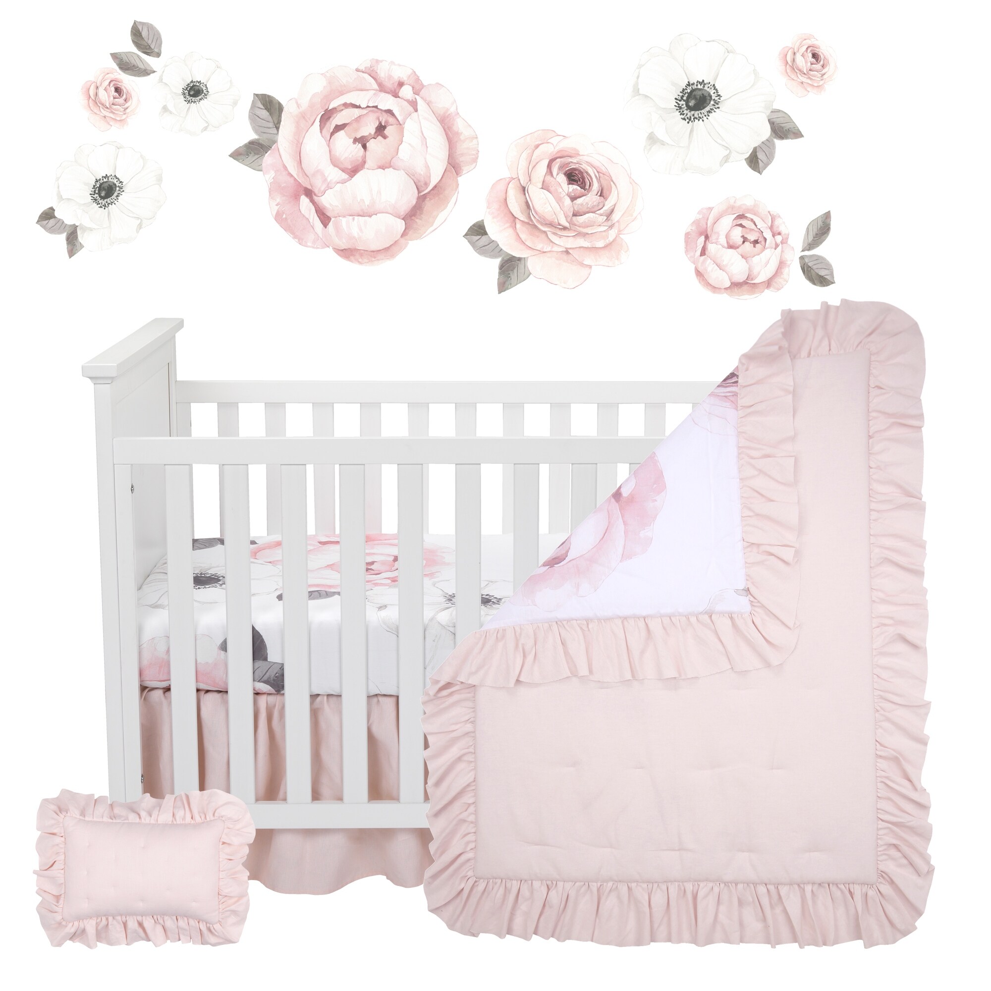 Lambs Ivy Floral Garden Watercolor Pink Linen 5 Piece Baby Crib