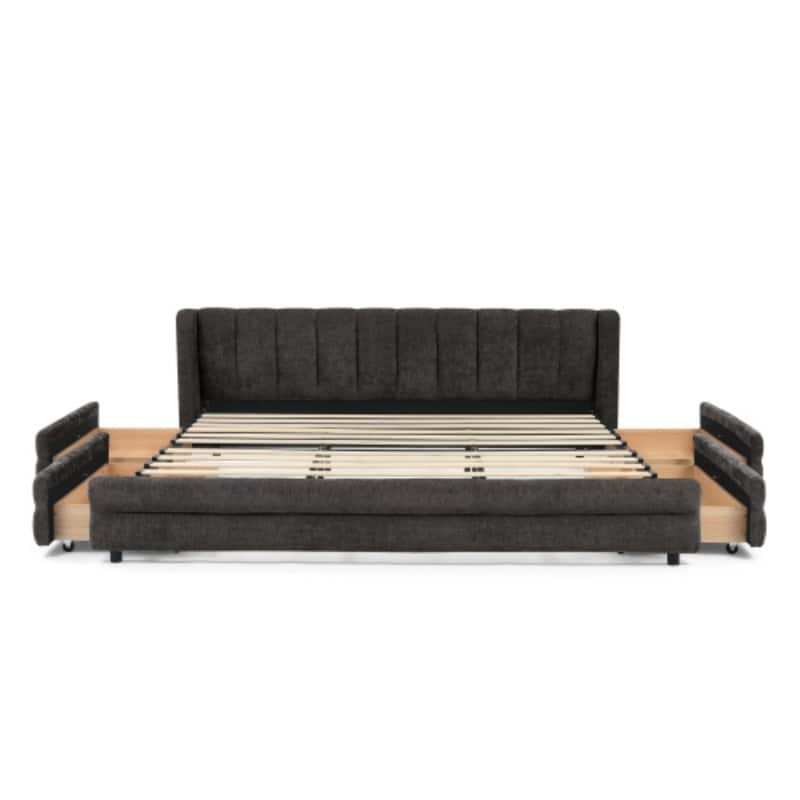 King Upholstered Bed Frame with Storage Drawer, Thick Padded Headboard & Solid Frame in Chenille Fabric