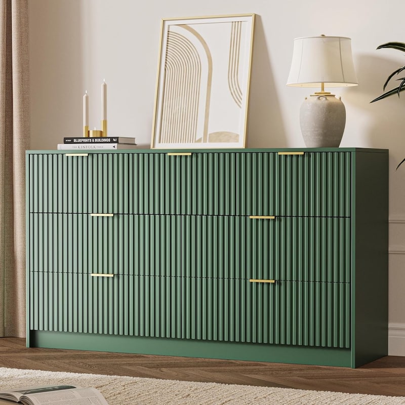 7 Drawer Dresser Fluted Wood Clothes Storage Cabinet, Modern Wide Dresser for Bedroom